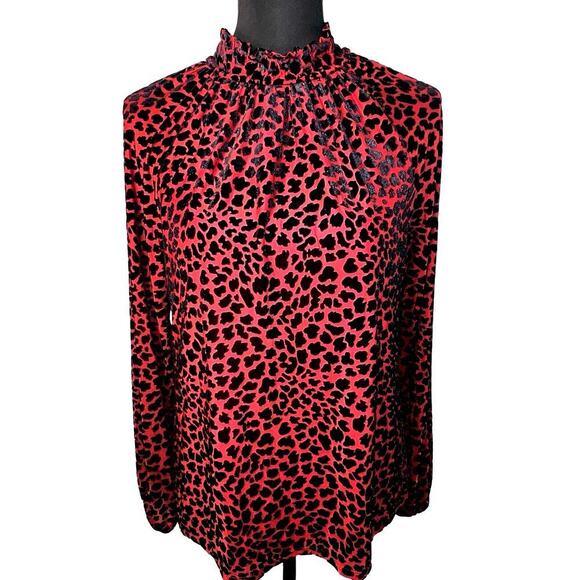 Tahari ASL Women's Velvet Animal Print Shirred-Neck Top, Red Black Leopard Small - Picture 1 of 7